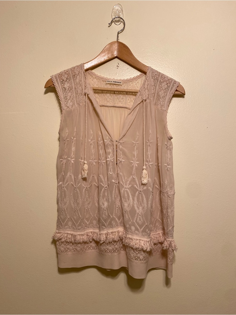 ULLA JOHNSON Silk Boho Lace-Trim Sleeveless Top - Blush Pink. Size 0